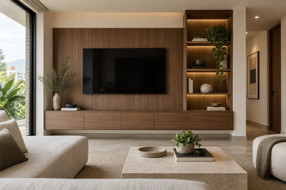Referencia conceptual de un mueble de entretenimiento en madera