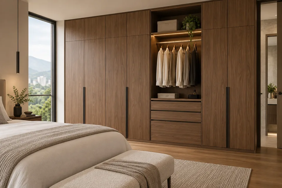 Visualización de clóset en tono nogal con puertas altas, cajones y un módulo abierto para colgar ropa
