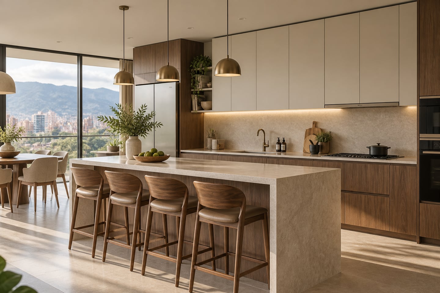 Visualización de referencia: cocina contemporánea con muebles en tono nogal, gabinetes marfil e isla clara