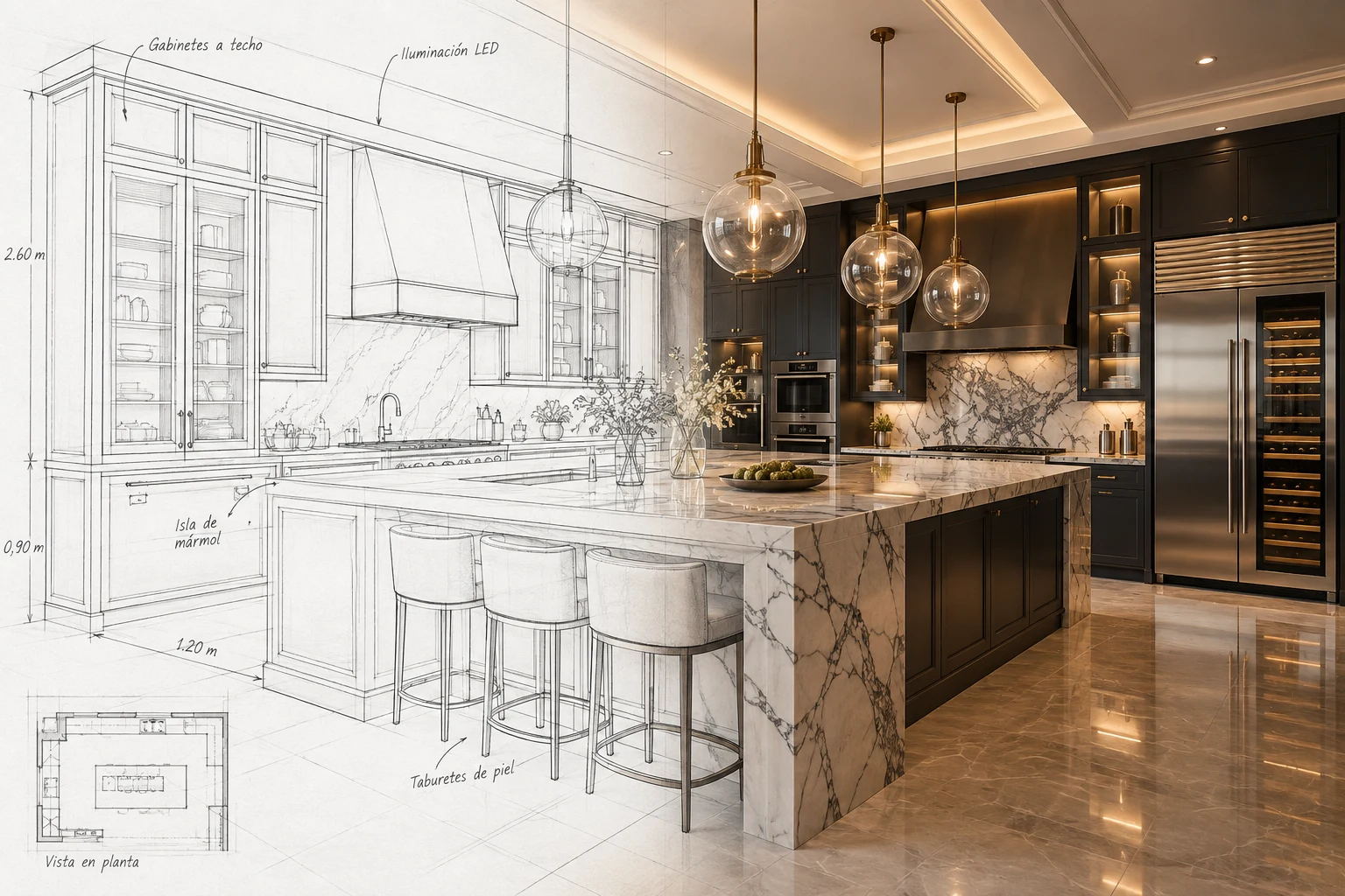 Ilustración de una cocina que combina el boceto de diseño con su visualización final