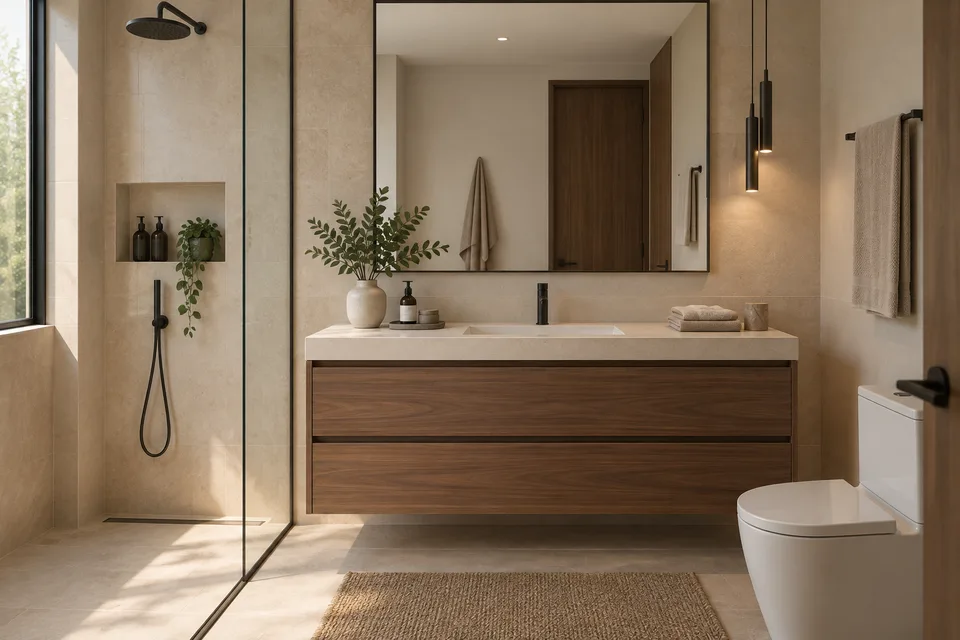 Visualización de mueble de baño suspendido en tono nogal con dos cajones y lavamanos sobre superficie clara