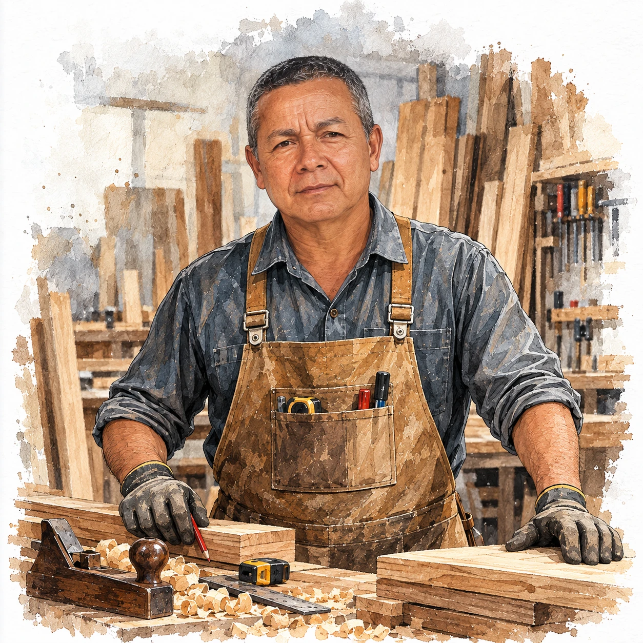 Retrato ilustrado de Polo en un taller de carpintería